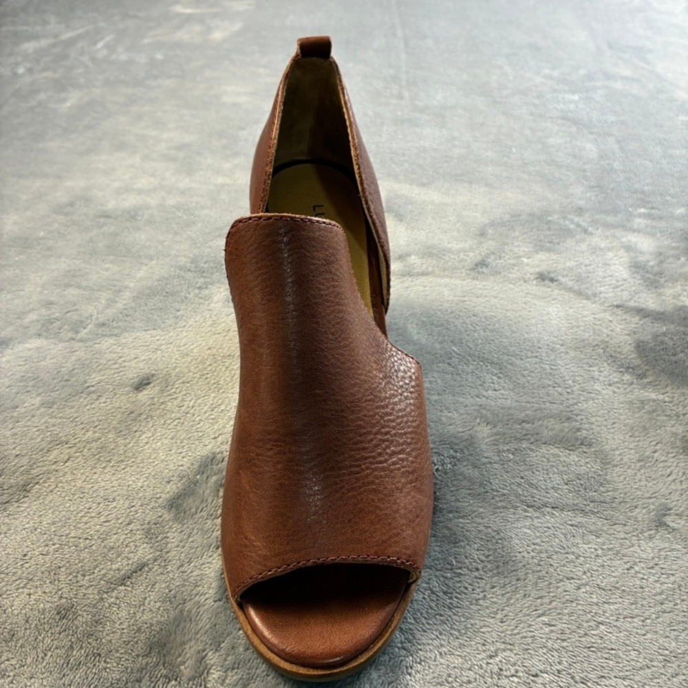 Lucky Brand Junai Brown Leather Peep Toe Cutout 3" Block Heel Booties Size 7M - Picture 13 of 16